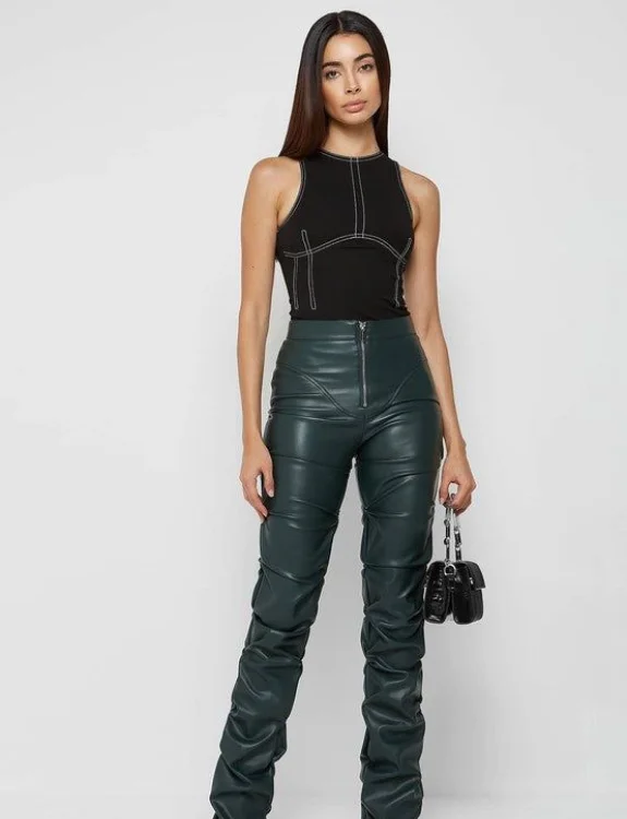 Black Bodysuit with Forest Green Leather Pants