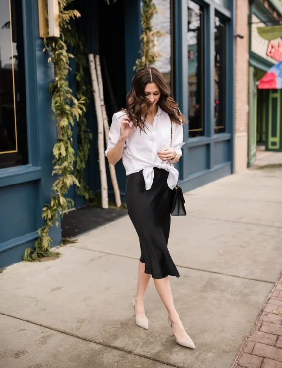 Button-Down Shirt and Satin Pencil Skirt