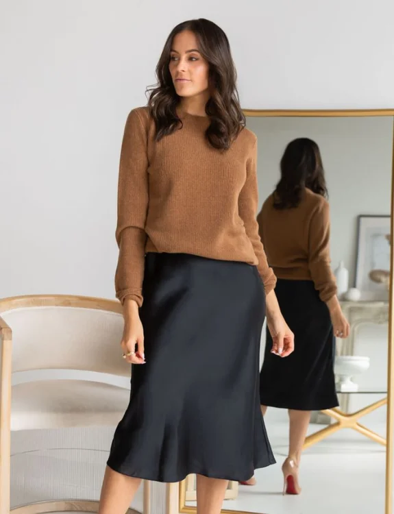 Chunky Knit Sweater and Satin Midi Skirt