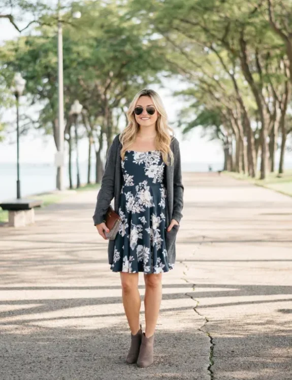 Cozy Cardigan and Floral Dress Combo