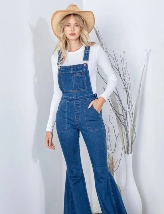 Denim Overalls and Lace Blouse