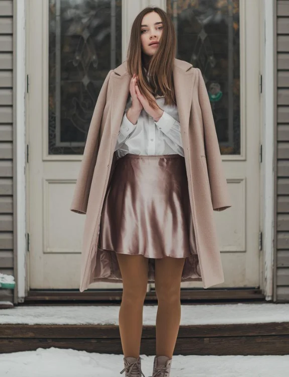 Tights, Boots, and Satin Skirt