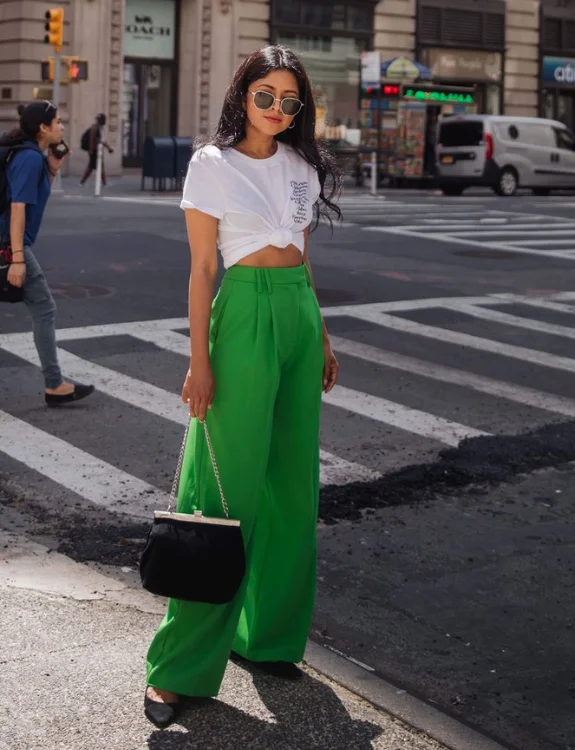 White Crop Top with Bright Green Linen Pants