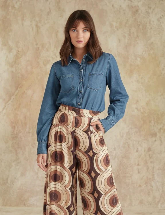 Denim Shirt with Patterned Pants