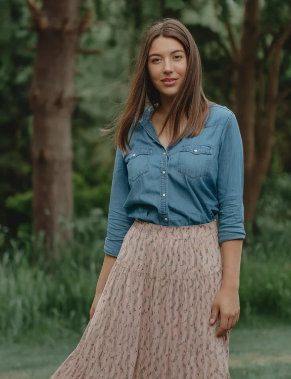 Denim Shirt with Flowy Long Skirt