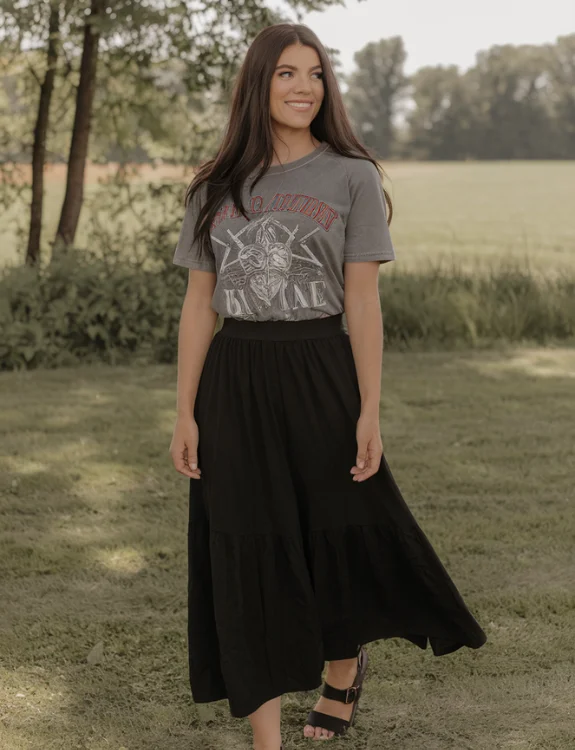 Graphic Tee with Black Maxi Skirt