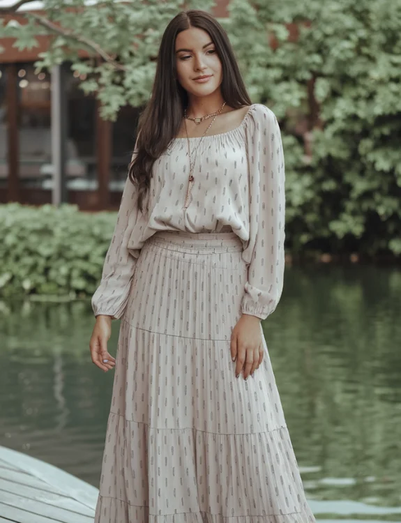 Long Sleeve Blouse with Tiered Maxi Skirt