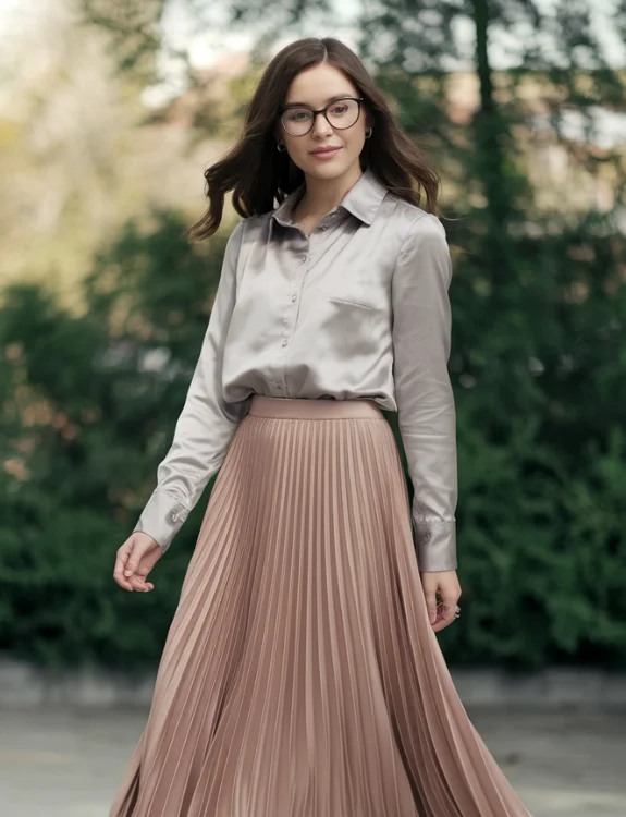 Silk Blouse with Pleated Maxi Skirt