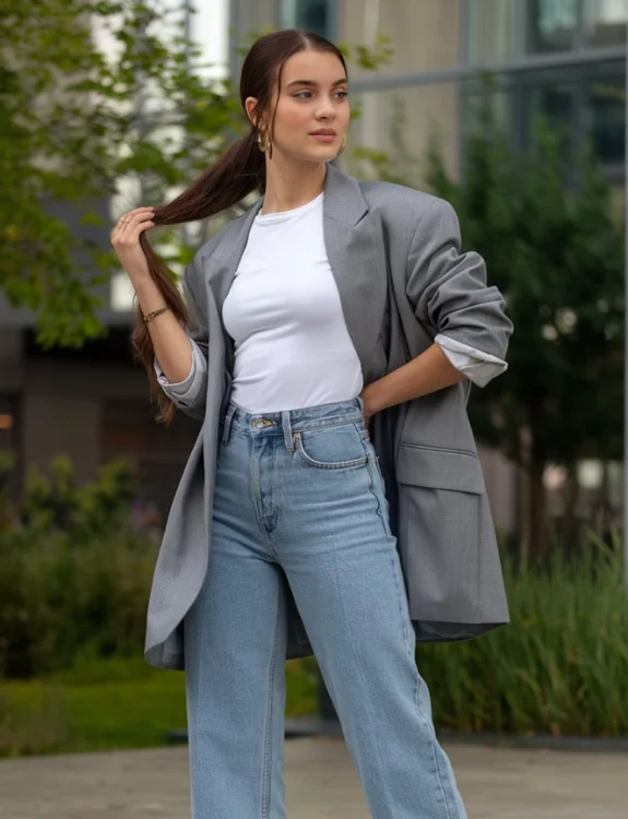 Straight Leg Jeans with White T-Shirt and Oversized Blazer