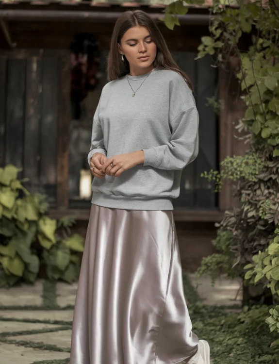 Sweatshirt with Silk Long Skirt