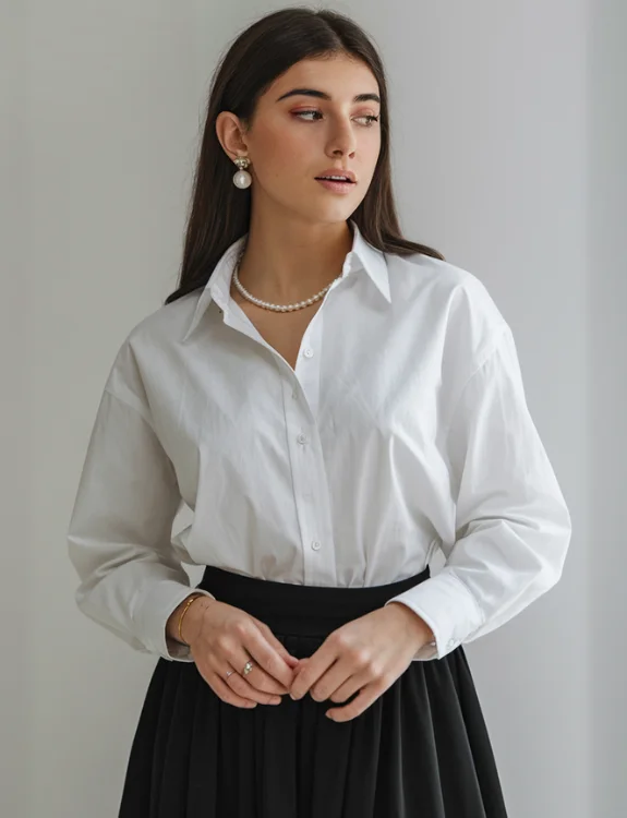 White Button-Down with Long Black Skirt