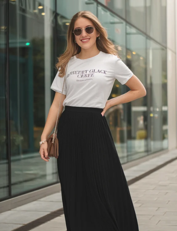 White T-Shirt with Black Maxi Skirt