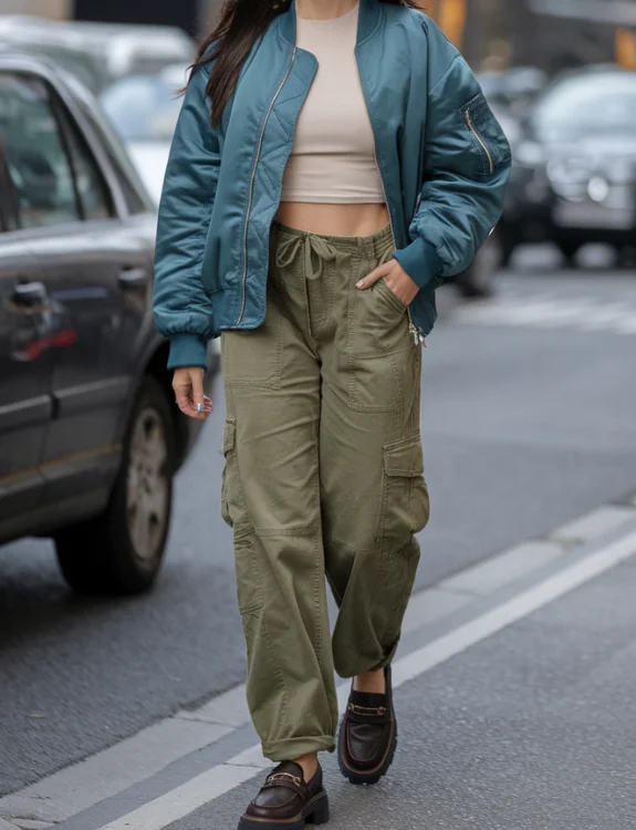 Cargo Pants with Crop Top and Bomber Jacket