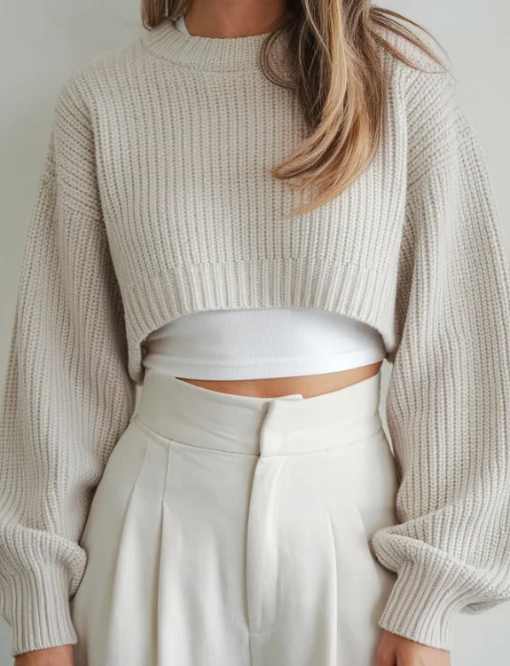 Cropped Sweater with Cream Wide Legs