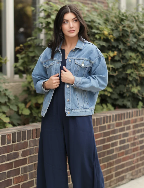 Denim Jacket over Navy Wide Legs