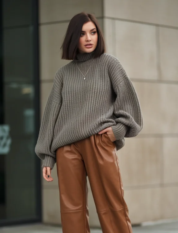 Leather Pants With Chunky Knit Sweater