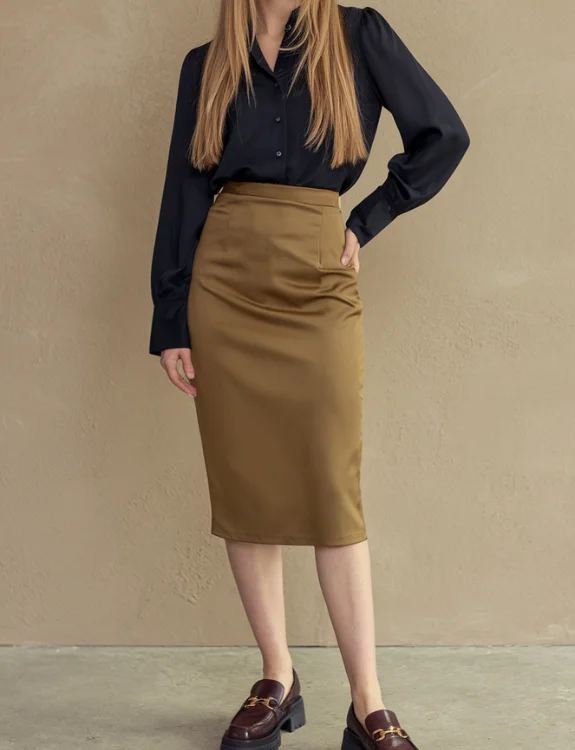 Pencil Skirt with Silk Blouse