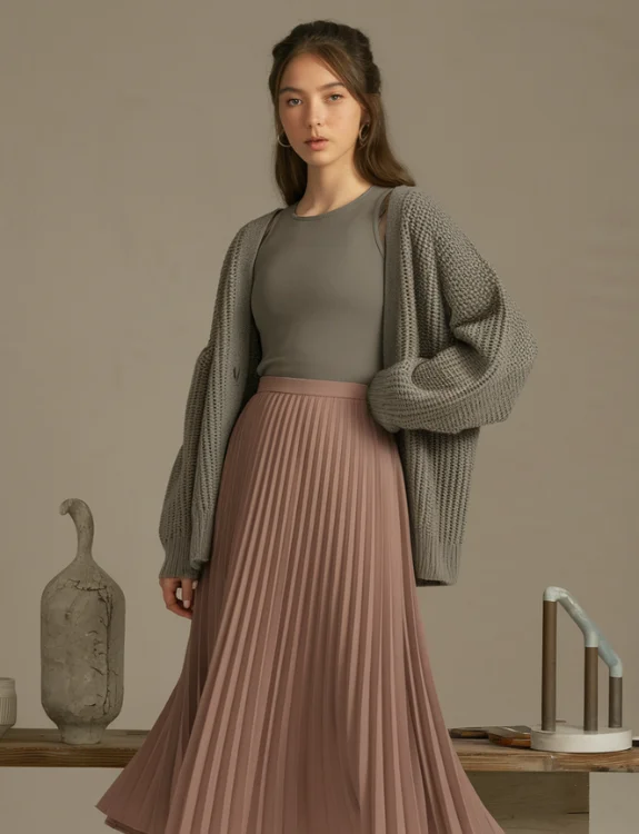 Pleated Midi Skirt with Fitted Top and Cardigan