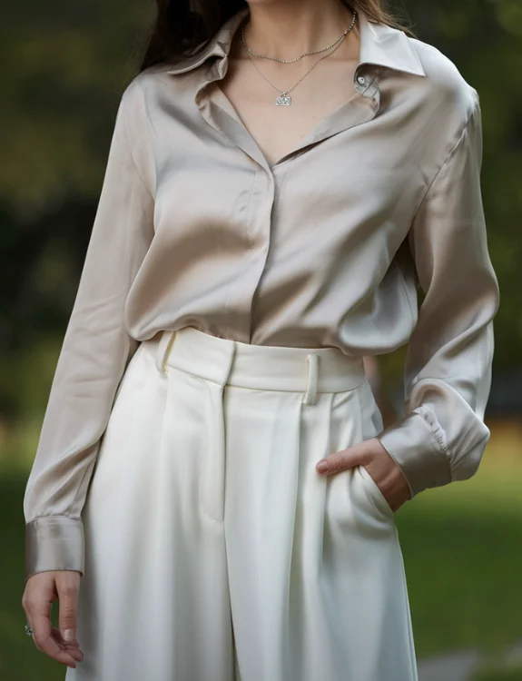 Silk Blouse and White Wide Legs